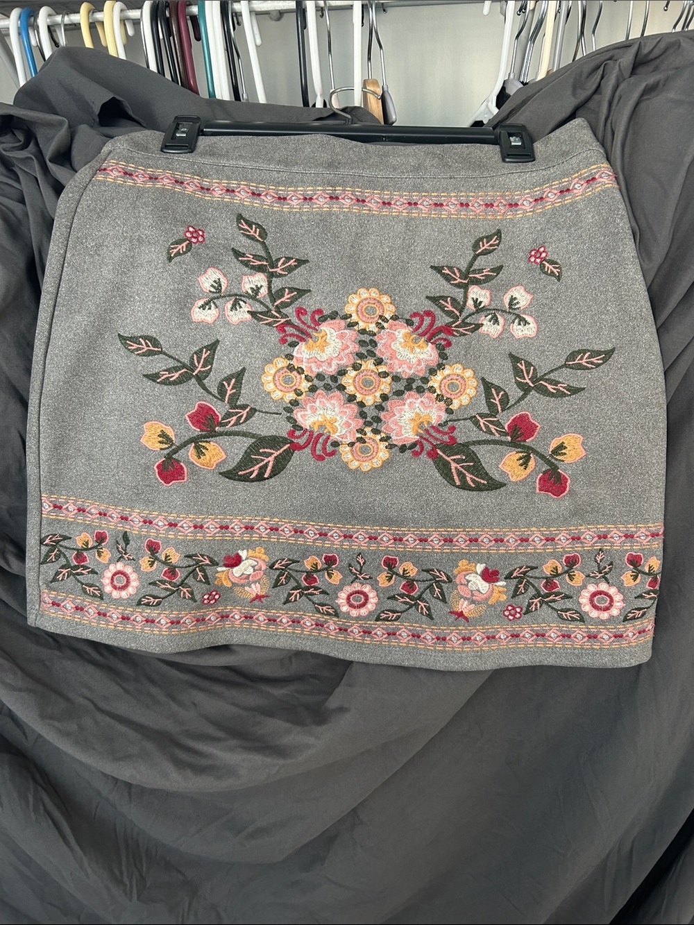 THML Gray Mini Skirt with Multicolor Floral Embroidery